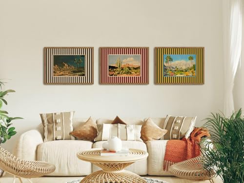 Framed Vintage Western Nature Landscape Wall Art Set of 3, Striped Postcards Southwest Desert Cactus Pictures Wall Decor Paintings, Boho Plant Canvas Prints for Living Room Bedroom Office 12x16 inch - color: Vintage Striped, size: 16L" x 12W"