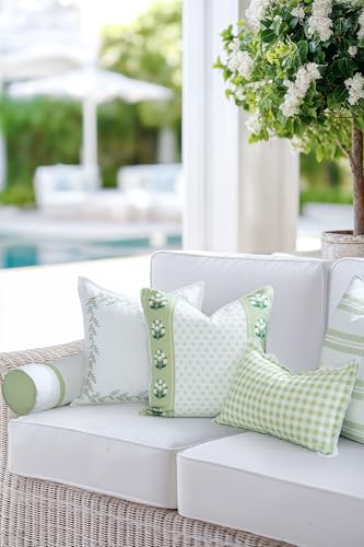 Hofdeco Premium Grandmillennial Coastal Hampton Patio Indoor Outdoor Throw Pillow Cover Only, 20"x20" Water Repellent for Backyard, Couch, Poolside, Grass Green Print Block Striped Lily of the Valley - color: Grass Green Block Print Striped Lily of the Va