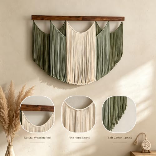 Large Boho Wall Art Decor, Macrame Wall Hanging Tapestry Handmade Cotton Yarn Dip Dyed Ombre for Living Room Bedroom Above Bed Headboard, Green Beige Sage 47.2 x 33.5 Inches Boho Home Decor Gift - color: 04-Tassel ornament