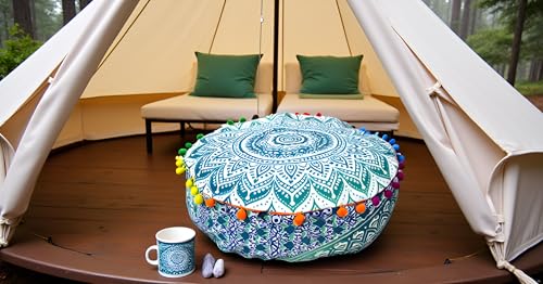 INDIAN CRAFT CASTLE ICC Mandala Barmeri Large Floor Pillow Cover Cushion Meditation Seating Ottoman Throw Cover Hippie Decorative Zipped Bohemian Pouf Ottoman Cases Green Ombre 18" Round - color: Green, size: 18"D x 18"W x 5"H