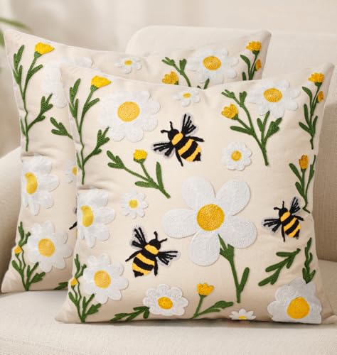 Embroidered Throw Pillow Covers 18x18 Inch - Set of 2 Summer Spring Boho Decorative Pillow Covers with Zipper for Living Room Couch Sofa Bed Aesthetic Design Flower Bee Cushion Pillowcases - color: Flower Bee, size: 18" x 18" (Pack of 2)