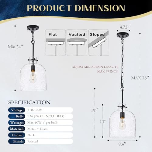 Farmhouse Black Pendant Light – 10" Seeded Glass Dome Hanging Lighting, Hand-Blown Bubble Glass Shade, 1-Light E26 Pendant Lights for Kitchen Island, Dining Room, Hallway - color: Black-Medium Seeded Glass