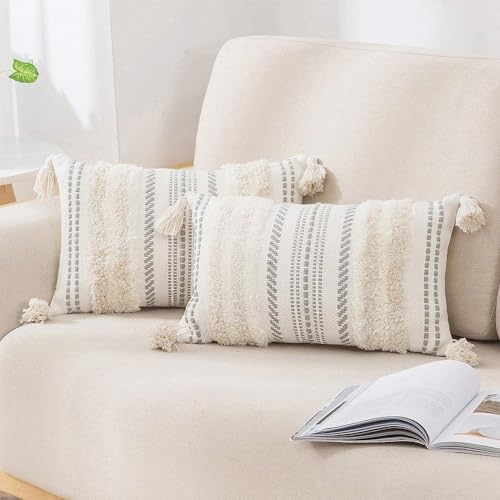 decorUhome Summer Decorative Boho Throw Pillow Covers 12x20 Set of 2, Lumbar Accent Neutral Textured Tufted Pillow Covers Striped for Couch Bed Sofa Living Room, Beige and Cream White - color: Beige and Cream White, size: 20" x 12" (Pack of 2)
