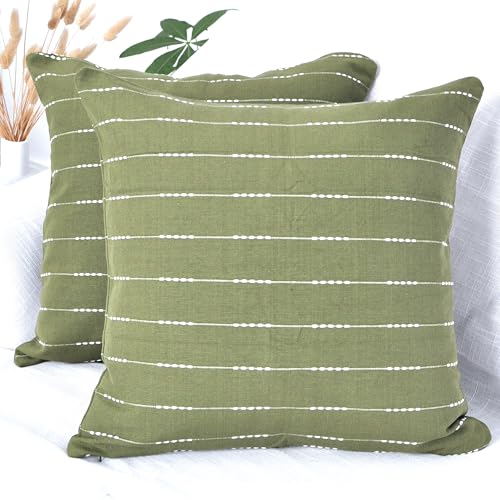 Cotton Pillow Covers 18x18 inches Olive Green/Woven Striped Pattern Contemporary Modern Luxury Cushion Covers Simple Throw Pillow Cases for Living Room Sofa Couch Bed Set of 2 - color: Olive Green, size: 18" x 18" (Pack of 2)