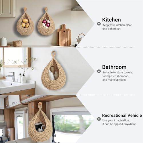 Halidali Hanging Fruit Baskets for Kitchen, 3 Pack Boho Cotton Rope Handwoven Vegetable Storage Wall Mounted Large Organizing Basket for Farmhouse Decor, Onion, Potato, Garlic and Plants (Linen) - color: Linen