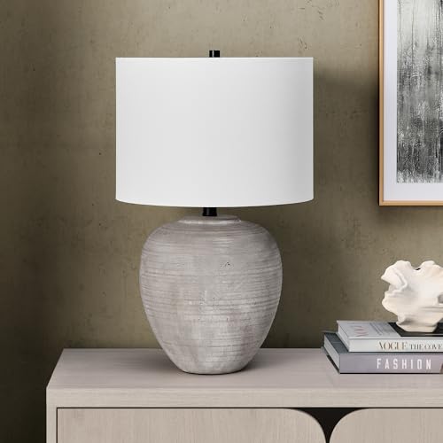 Henn&Hart 23" Modern 1-Light Table Lamp with White Fabric Drum Shade for Living Room, Bedroom, or Office, Rustic Earth