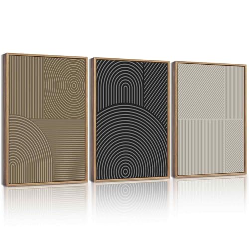 KUVIOKE Minimalist Abstract Boho Framed Wall Art Modern Mid-Century Bohemain Neutral Line Wall Decor Geometric Artwork Bedroom Decor 12x16in (Natural Framed) - color: Mid Century, size: 12 x 16in x 3 Panels Natural
