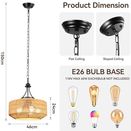 5-Light Rattan Pendant Light, 18.8" Large Boho Chandeliers for Living Room, Dining Room, Hand Woven Wicker Fixture with Adjustable Cord, Coastal Farmhouse Hanging Lamp for Kitchen Island - color: Beige-W48cm