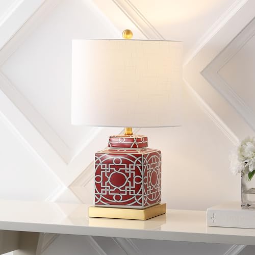 JONATHAN Y 22" Red/White Modern Ceramic Ginger Jar Table Lamp for Nightstand, Square Lattice Transitional Chinoiserie Lamp for Living Room, White Linen Shade, LED Bulb (JYL3044B) - color: Red/White