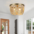 Bohemia Wood Beaded Chandelier, 3-Light Boho Light Fixture, 12.6inch Boho Chandelier Flush Mount Ceiling Light Fixtures for Dining Room, Bedroom, Living Room, Nursery, Girl Room, Hallway and Entryway - color: Natural-12.6INCH