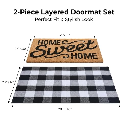 Home Sweet Home Doormat Set, 2-Piece Layered Front Porch Mat Combo, Natural Coir Welcome Mat with Black and White Buffalo Plaid Rug, Farmhouse Outdoor Entryway Decor for Porch, Patio, Home