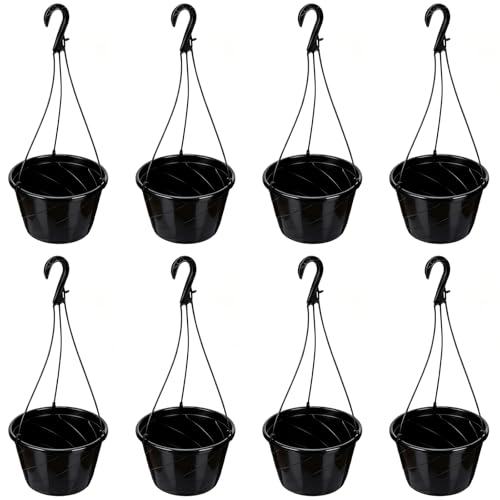 8 Pcs 10 Inch Modern Euro Swirl Hanging Planter Uv-Resistant Plastic Hanging Basket Smart Drainage Lightweight Indoor Outdoor Flower Pots for Garden Porch Balcony Patio Home Decor (Black) - color: Black