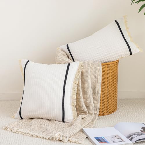 CARRIE HOME Cream White Boho Striped Throw Pillow Cover 18x18 with Tassels 1 Pack, Neutral Couch Pillows for Bed Couch, White Cotton Woven Bohemian Accent Pillow Covers 18 x 18 (No Pillow Inserts) - color: White (With Tassels), size: 18" x 18" (Pack of 1)