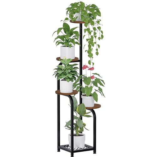 TOSKING 5 Tier Metal Anti-Tip Plant Stand indoor, Wide Base for Pots, Child and Pet Friendly ,Heavy Duty Plant Shelf ,Corner Shelf, Flower Pot Stand for Multiple Plants, Indoor Plants Tiered Stand for Living Room Balcony Garden Patio Bedroom(Black and Bro
