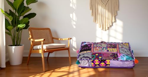 CRAFT KALA Indian Square Patchwork Traditional Pouf Cover Indian Living Room Poufs Decorative Embroidered Designer Ottoman Home Living Footstool Chair Cover Decor Pillow Cover 18x18x5 inches, Purple - color: Purple, size: 18"D x 18"W x 5"H