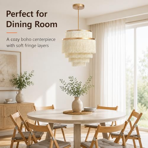 5-Tiered Boho Chandelier with Metal and Fringe,3 Lights Fringe Pendant Light Fixture,Tassle Chandelier for entryway,Dining Room,Baby Nursery,Gold and Light Beige - color: Light Yellow-Pendant