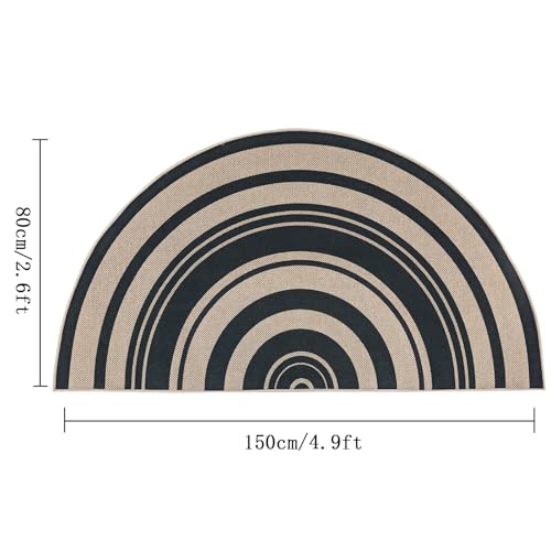 Easy Jute Rug 2.6x5Ft Half Round Rainbow Carpet for Farmhouse Bedroom Entrance, Non-Slip Half Circle Thin Neutral Floor Mat for Living Room Patio Kids Room Kitchen, Indoor Outdoor, Black 1 - color: Black 1, size: 2.6'x5'