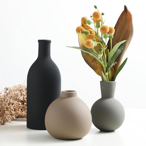 Ceramic Vase Set of 3, Vases Home Decor Rustic Farmhouse Decor Pottery Vases for Bouquet Pampas Grass Dried Fresh Flowers, Living Room, Kitchen, Bedroom, Bathroom, Entryway Mantel, Decor -Multicolor - color: 001-multicolor