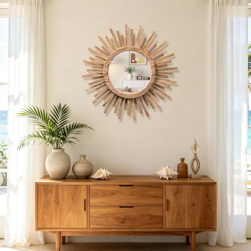 18 Inch Boho Sunburst Mirror, Round Wooden Wall Decor Starburst Sun Mirror for Bedroom, Living Room, Bathroom, Hallway, Balcony, Farmhouse Entryway, Housewarming Gift（Rustic Brown - color: Wood Color, size: 18"L x 18"W