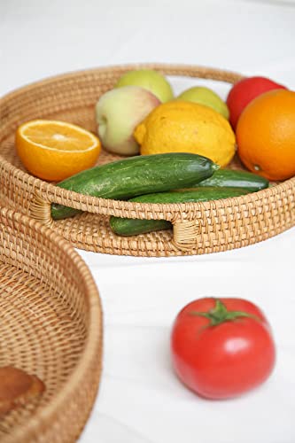 HITOMEN 11.8" Hand-Woven Round Rattan Serving Tray Decorative Wicker Trays with Handles for Coffee Table (Natural-M) - color: Natural, size: Medium (11.8 inches)
