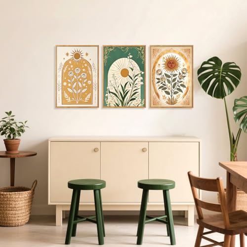 CHDITB Modern Bohemian Celestial Wall Art Set Of 3, Boho Sun Floral Tarot Wall Decor, Nature Mystery India Painting, Minimalist Green Lily Flower Art Prints For Dining Room Bedroom Decor 12”x16” - color: Boho floral