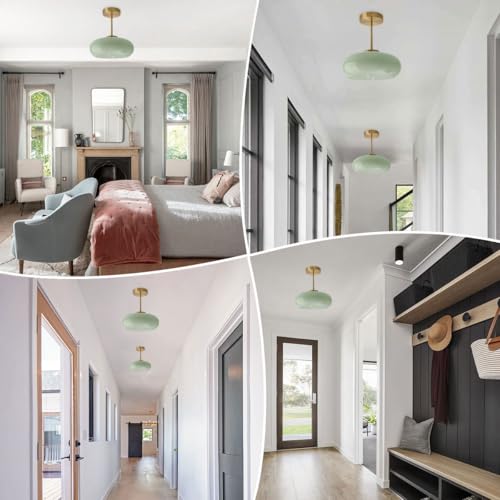 Milk Glass Ceiling Light Semi Flush Mount Ceiling Lights fixtures with Milk Green Glass Shade Mid Century Modern Flush Mount Lighting Gold Brass Close to Lamp for Hallway Kitchen Sink - color: Milk Green 2