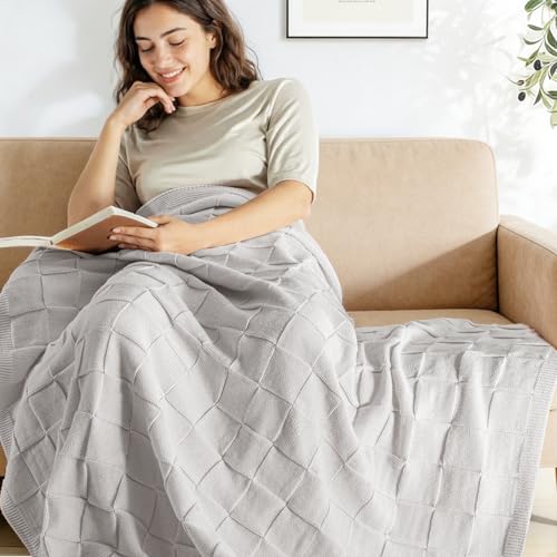 Whale Flotilla Checkered Knit Throw Blanket for Couch, Soft Decorative Knitted Blankets for Sofa Bed, Lightweight Cozy Throws for Spring Summer, 50x60 Inch, Light Grey - color: Light Grey, size: 50x60 Inch