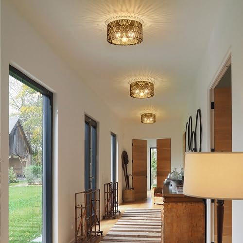 Rattan Ceiling Light Fixture, 3-Light Bohemian Modern Woven Ceiling Light, Black Boho Flush Mount Ceiling Light for Bedroom Living Room Dining Room, Bulb Not Included - color: Black, size: 3-Light-Round