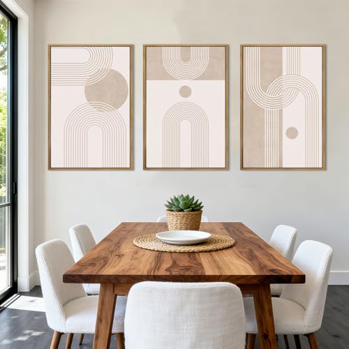 ANHUIB Neutral Boho Abstract Canvas Wall Art Set of 3 Framed Mid Century Modern Wall Decor Beige Geometric Line Artwork Minimalist Prints 16x24 Inch Painting for Living Room Bedroom Dining Room Office - color: Neutral Line, size: 24"L x 16"W