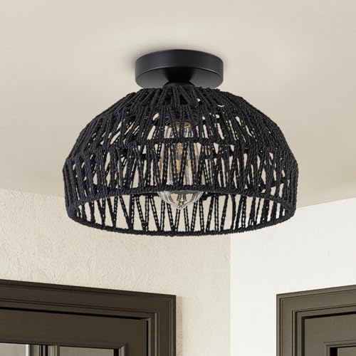 Black Rattan Ceiling Light Fixtures Boho Chandelier Small Woven Flush Ceiling Mount Lighting Fixture Close to Ceiling Light for Bedroom Kitchen Entryway Nursery Lights Hallway - color: Black