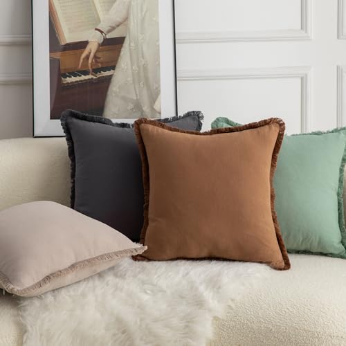 MANDIOO Set of 2 Neutral Cotton Fringe Throw Pillow Covers Decorative Boho Farmhouse Cushion Covers Cozy Tassels Pillowcase for Couch Sofa Bedroom Living Room Home Decor 12x20 Inch Brown - color: Brown, size: 20" x 12" (Pack of 2)
