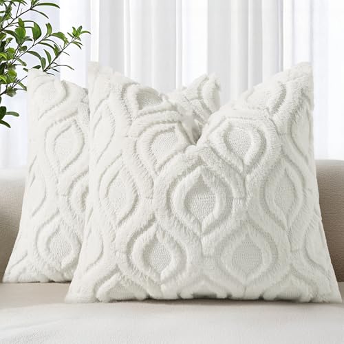 decorUhome Throw Pillow Covers 16x16 Inch Set of 2, Soft Plush Faux Wool Cream White Solid Couch Pillow Covers, Accent Farmhouse Neutral Square Pillow Cases for Sofa Bed Living Room - color: Cream White, size: 16" x 16" (Pack of 2)