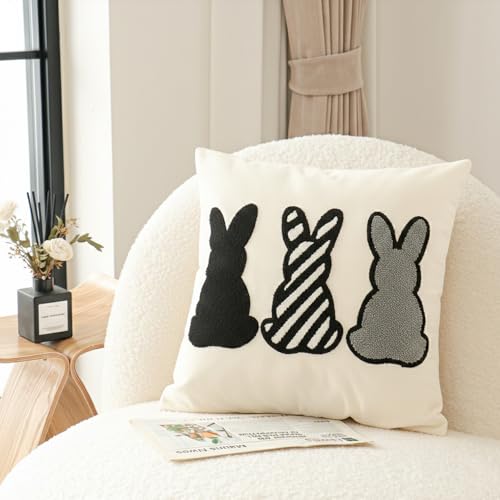 Jonhier Easter Bunny Throw Pillow Cover, Boho Black and White Neutral Rabbit Pillowcase for Living Room Bedroom, Modern Farmhouse Tufted Embroidery Cushion Case for Spring Home Decor, 18 x 18 inch - size: 18" x 18" (Pack of 1)