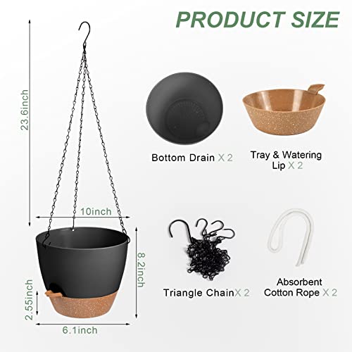 Vanslogreen Hanging Planters for Indoor Outdoor Plants, 2 Pack Self Watering Hanging Pot with Drainage Holes & Removable Tray (Black, 10'') - color: Black, size: 10''