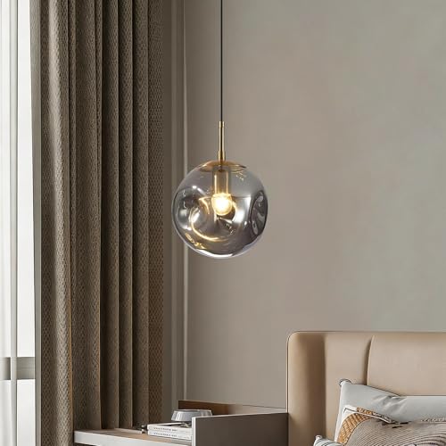 Modern Smoke Gray Concave Glass Pendant Light, Kitchen Island Lighting Single Globe Pendant Light Fixtures Century Kitchen Island Pendant Lighting for Bedroom Living Dining Room Light （Without Bulb） - color: AX-Smoky Gray-1 Light-1PC