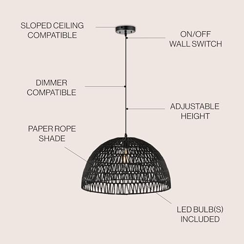 JONATHAN Y 20" Black Modern Bohemian Woven Rope LED Pendant Light Fixture, Adjustable Dome Ceiling Lamp for Kitchen Island, Rope Shade, Coastal Farmhouse Decor (JYL6504C) - color: Black, size: 20"