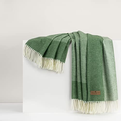 Lands Downunder All-Season, Luxury Olive Border Herringbone Throw – Soft Woven Throw with Decorative Fringe – Made in Italy – 51”W x 67”L - Perfect for Gifting - color: Olive