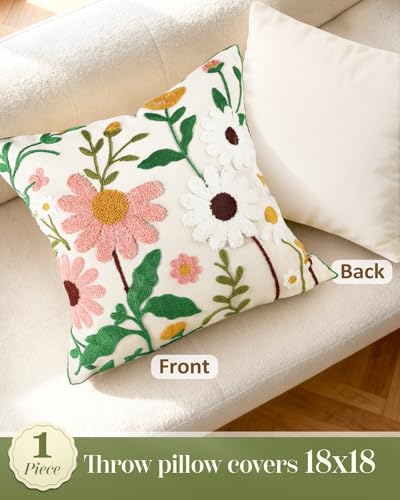 Embroidered Throw Pillow Cover - 18x18 Decorative Pillow Cover with Zipper Aesthetic Cute Design Boho Spring Summer Cozy Throw Pillowcase for Living Room Couch Sofa Bed, Pink White Flower - color: Pink-white-flower, size: 18" x 18" (Pack of 1)