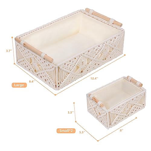ANMINY 3PCS Macrame Storage Baskets for Organizing Boho Decor Baskets Storage Bins with Wood Handles Handmade Decorative Storage Boxes with Removable Liner Toilet Tank Bathroom Self Basket Organizer - color: Off White (Set of 3)