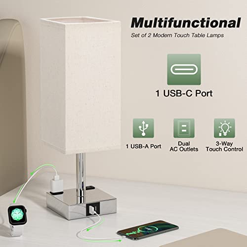 aooshine Beige Set of 2 Touch Lamp with USB Port-Nightstand Lamp with USB-C+A Charge Ports& AC Outlets, 3-Way Dimmable Bedside Lamp with Shade,Small Table Lamp for Bedroom Living Room(Bulb Included) - color: Beige-Silver