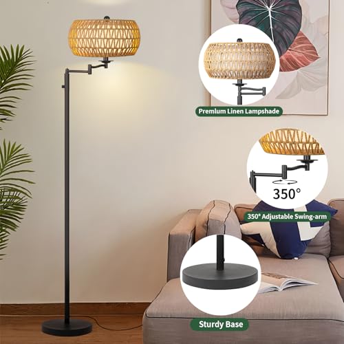 Ruiever Dimmer LED Floor Lamp,Tall Standing Lamp with Swing Arm,Black Lamp with 2 * 9W LED Bulb,Elegant Floor Lamp for Living Rooms & Bedroom (Black Color-Rattan Shade) - color: Black Color-Rattan Shade