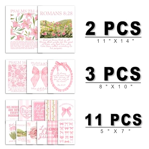 ANERZA 16 PCS Christian Coquette Wall Art Decor, Pink Bow Bible Verses Gallery Wall Prints for Bedroom Nursery, Jesus Posters for Living Room Aesthetic, Scripture Preppy Dorm Collage Kit for Girls Kids - color: LightPink, size: 11"x14" Unframed