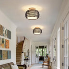 Boho Rattan Ceiling Light Fixture - 3 Style Options Wicker Semi Flush Mount Ceiling Lights,Black Bohemian Woven Basket Chandelier,Coastal Light Fixtures for Hallway Bedroom Nursery Playroom Laundry - color: Black