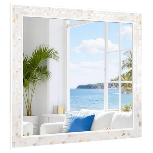 Tanmicoshomy 30 x 30 Inch White Square Bathroom Mirror, Natural Shell Framed Rectangular Mirrors for Bathroom Bedroom, Living Room, Entryway, Wall Mounted Horizontal or Vertical Hanging - color: White C, size: 30"L x 30"W