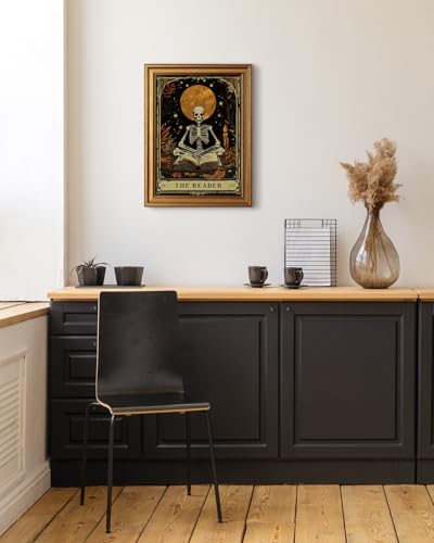 HUARCEY Gold Framed Canvas Wall Art, Skeleton Reader Tarot Picture Decor, Library Reading Room School Decor, Book Lover Witchy Gothic Halloween Canvas Paintings, 12x16inch - color: Skeleton Reader Art, size: 16"L x 12"W