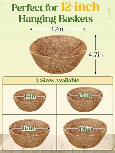 ANPHSIN 4Pcs 12inch Coconut Liners for Hanging Baskets Planters - Made of 100% Natural Coco Coir Fiber, Thick Breathable Round Liner for Outdoor Porch Garden Flower - size: 12in