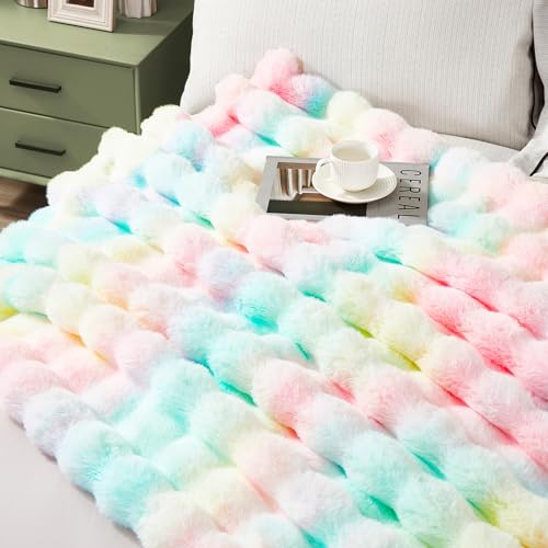 JONIYEAR Decorative Colorful Fluffy Bubble Faux Rabbit Fur Blanket Twin Size 60" x 70",Oversized Thick Warm Fuzzy Blanket for Winter,Luxe Pastel Cute Shaggy Cozy Furry Blankets for Women Girl, Rainbow - color: Colorful Rainbow - 900gsm, size: Twin Size -