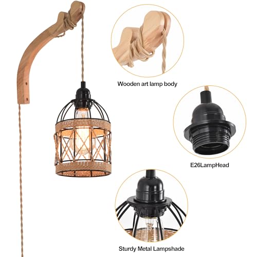 Plug in Wall Sconce,Farmhouse Wicker Wall Lamp Plug in,Hand Woven Rattan Wall Light Farmhouse Rustic Boho Sconces Wall Lighting for Living Room Bedroom - color: Birdcage, size: 1 PACK
