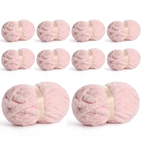 10 Pack Jumbo Chenille Yarn for Crocheting, #10 Super Bulky Baby Soft Yarn for Hand Knitting, 220 yds /70.5 oz Fluffy Chunky Knit Throw Blanket Yarn (Pink) - color: Pink