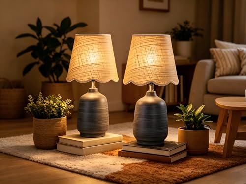 Pia Ricco 19" Modern Ceramic Table Lamp for Living Room Cream Base Desk Lamps for Bedroom Farmhouse Bedside Nightstand Lamp End Table Lamps,White Striped Black Base,Rattan Shade - color: White Striped Black Base